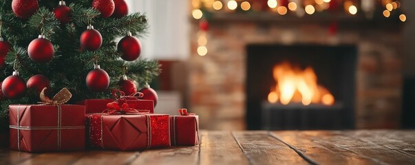 Cozy Christmas living room with decorated holiday tree and red presents by the fireplace, creating a warm and festive atmosphere
