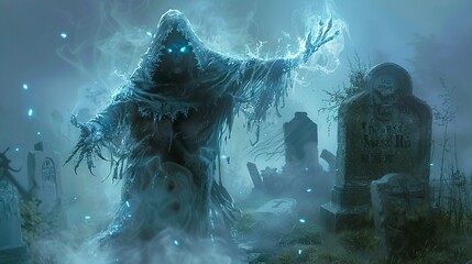 A ghostly figure of death, translucent and ethereal in the moonlight, stands...