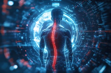 Fototapeta premium Futuristic digital visualization of a human spinal cord with glowing x-ray effects in a high-tech virtual reality environment