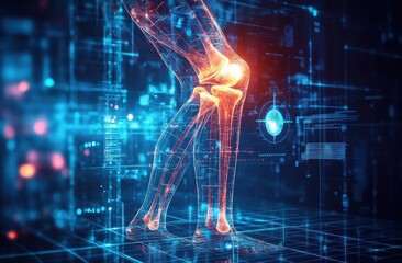 Digital illustration of a knee joint experiencing pain with glowing signals on a futuristic blue background