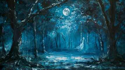 Fototapeta premium A ghostly figure on an elegant swing in the heart of a dark, haunted forest...