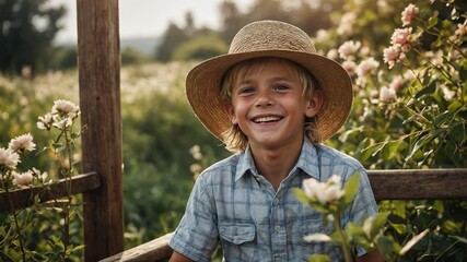Young Caucasian boy, around 8 years old, with short blonde hair, wearing straw hat and plaid shirt, smiling happily in garden setting