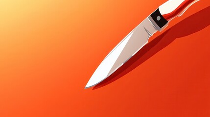A sleek, modern steel knife is set against a warm orange background, highlighting its pristine design and precision engineering, perfect for culinary enthusiasts.