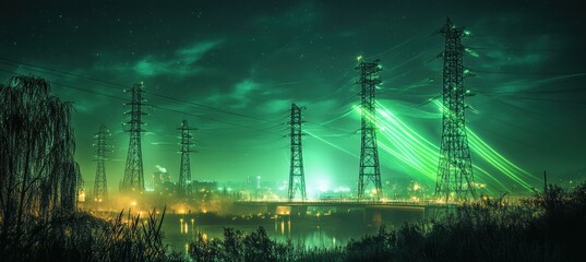 Majestic high-voltage towers glowing at night with city skyline in the background, showcasing a captivating urban landscape infused with futuristic energy