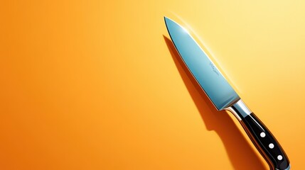 This image presents a modern chef's knife with a sleek design and a shiny blade, beautifully set against a vibrant orange background for contrast and focus.
