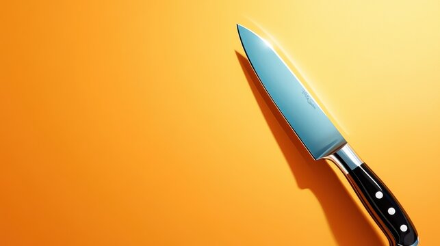This image presents a modern chef's knife with a sleek design and a shiny blade, beautifully set against a vibrant orange background for contrast and focus.