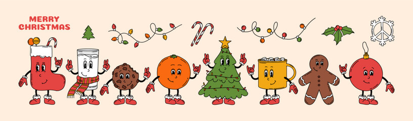 Groovy hippie Christmas characters. Christmas Tree, ball and Stocking, orange, mug of cocoa, glass of Milk, chocolate chip Cookie, Gingerbread man in trendy retro style. Hand drawn vector big set