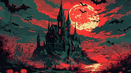 A gothic castle surrounded by bats and pumpkins under the full moon, with a...