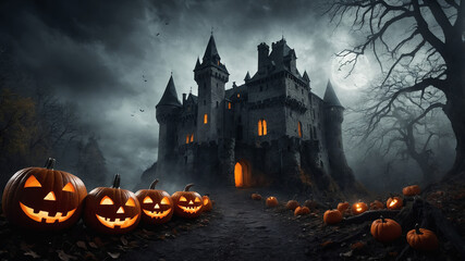 country castle at night under a full moon , vampire castle , halloween party , castle in the woods at night