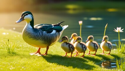 Obraz premium Mother duck and her ducklings come out of the water and are walking home.