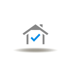 Vector illustration of house with check mark. Symbol of real estate. Icon of mortgage paid off.