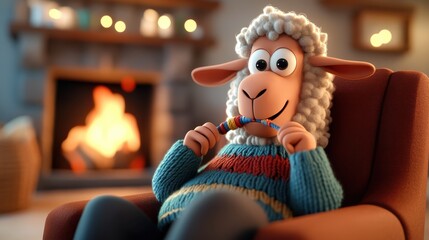 A content sheep sits enjoying knitting in a comfortable chair near a warm, glowing fireplace, wrapped in a cozy, striped sweater, creating an inviting scene of relaxation.