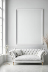 Interior in light colors with sofa and frame on the wall , frame empty mocap