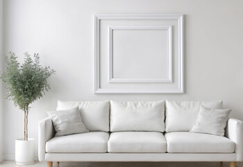 Interior in light colors with sofa and frame on the wall , frame empty mocap