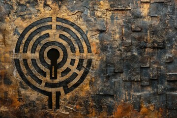 decision-making labyrinth, artistic depiction of decision-making with labyrinth and key symbols on an earthy canvas, providing ample space for text