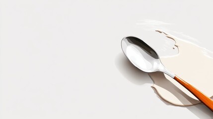 A metal spoon, having a wooden handle, rests in a creamy spill on a white background, suggesting a narrative of fine dining or culinary creativity.