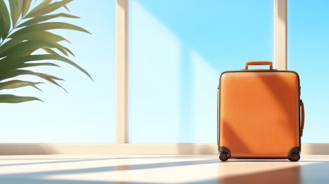 This image showcases an orange suitcase subtly illuminated by natural sunlight, positioned near a large window with a palm adding a touch of wanderlust and modern vibes.