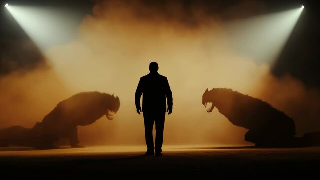 A man is standing in front of two monsters. The monsters are large and have sharp teeth. The man is wearing a suit