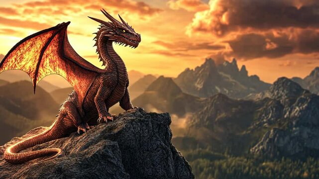 A red dragon perches on a rocky outcropping, surveying its mountain domain at sunset