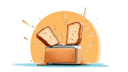 A stylized illustration of a toaster dramatically ejecting slices of hot toast against a vivid orange backdrop, capturing the excitement of breakfast time.