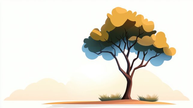 Illustrated in modern art style, a tree stands silhouetted against an abstract orange background with cloud-like forms, conveying calmness and introspection at sunset.