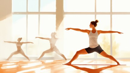 Fototapeta premium A woman gracefully holds a warrior pose in a sunlit yoga studio, showcasing strength and concentration, flanked by others in a reflective, tranquil environment.