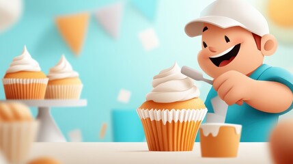 A delighted adult wearing a cap joyfully adding frosting to a large cupcake, exemplifying dedication to craft and enjoyment in a playful, pastel setting.