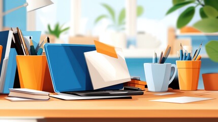 A vibrant illustration of a work desk featuring a laptop, colorful pen holders, and scattered papers, evoking creativity and productivity in a modern office space.