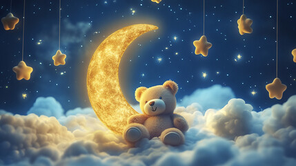 Teddy Bear Dreaming on a Cloud with Crescent Moon and Stars