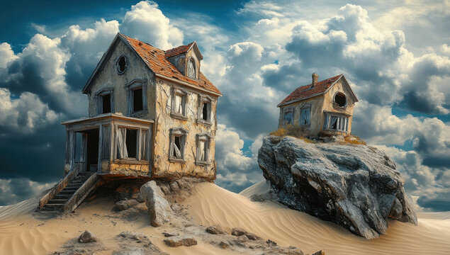 House constructed on the sand vs house constructed on a rock. Parable of the wise and foolish builders. Gospel of Matthew. Hearing Jesus' teachings and putting them into practice. Blue sky with sun