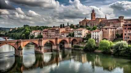 Fototapeta premium Scenic View of Albi from the River Tarn with Historic Buildings and Pont Vieux