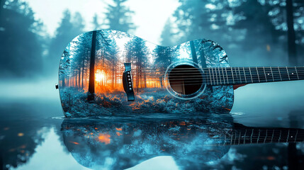 Acoustic Guitar with Forest Reflection in Water  Sunset  Nature Music  Instrument  Art