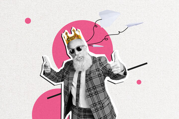 Trend artwork sketch image photo collage of surreal space silhouette aged man eyewear crown king gesture finger point choice cool party