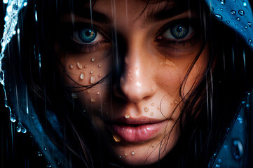 A close up of a woman’s face with piercing blue eyes, rain droplets on her skin, and wet hair. Her intense gaze and the moody lighting create a dramatic and mysterious atmosphere.