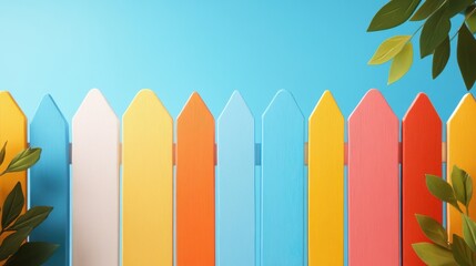 Sunny day scene featuring a playful, colorful picket fence with a clear blue sky background, accentuated by vibrant green foliage. Reflects joy and creativity.