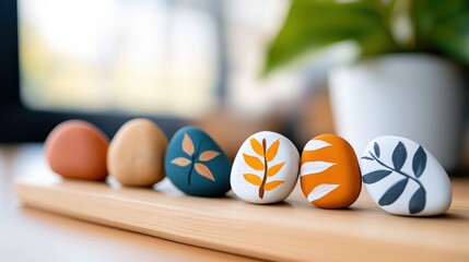 Beautifully decorated eggs with botanical designs are displayed in a row, showing artistic attention to detail. The simplistic yet elegant style shines brightly in this imagery.