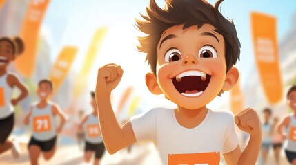 A cheerful boy participates in an energetic race, showcasing youthful energy and competitive spirit, among other runners with colorful banners in a sunny setting.