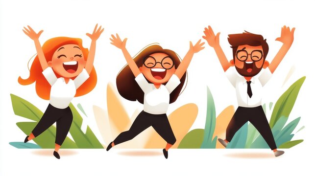 Animated illustration of three professionally dressed individuals joyfully jumping with arms raised, set against a natural background, symbolizing celebration and teamwork.