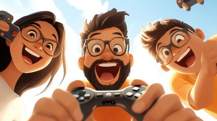 A diverse group of animated friends joyfully sharing a thrilling gaming experience, characterized by their vivid expressions and dynamic interaction.