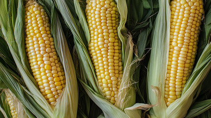 Fresh Corn on the Cob  Close Up  Harvest  Yellow Kernels  Green Husks