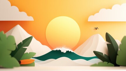 In this paper-cut art scene, the sun sets behind snowy mountains, casting a warm glow on ocean waves and lush foliage, evoking a feeling of tranquility and adventure.