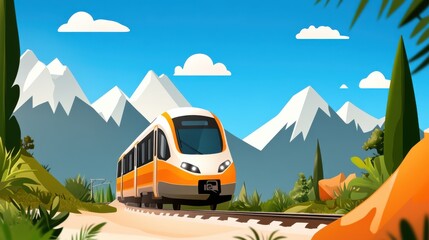 A modern train traverses through majestic mountains under a clear blue sky, surrounded by lush greenery and vibrant landscapes, embodying serenity and adventure.