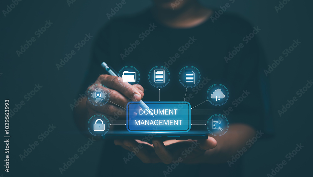 Poster document management system (dms) technology concept, document protection system, businessman holding
