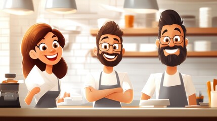 An animated team of chefs in a modern kitchen exuding excitement and professionalism, creating a lively and inviting atmosphere through teamwork and culinary art.