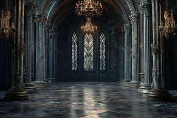 Obraz premium Grand Gothic Cathedral Hall with Majestic Chandeliers and Columns