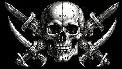 Fototapeta premium Two Crossed Swords and Skulls: A Sketch of Classic Pirate Emblems Symbolizing Danger and Rebellion generative ai