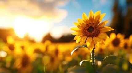 Obraz premium A vibrant sunflower in full bloom stands prominently in the foreground, bathed in warm sunlight amidst a vast field stretching into the horizon.