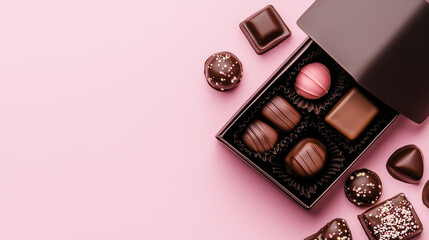 Assorted chocolate truffles in black box on pink background, gourmet treat
