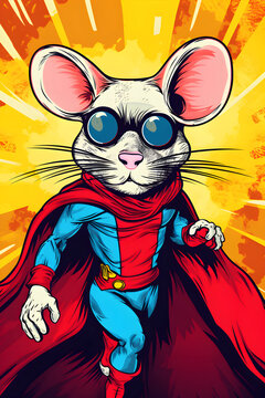 Comic-Supermaus im roten Umhang vor gelbem Hintergrund (KI generiert)