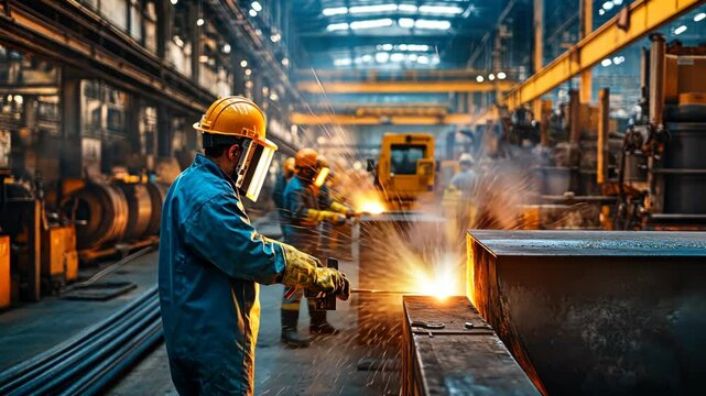 Industrial Workers Welding Metal in a Factory